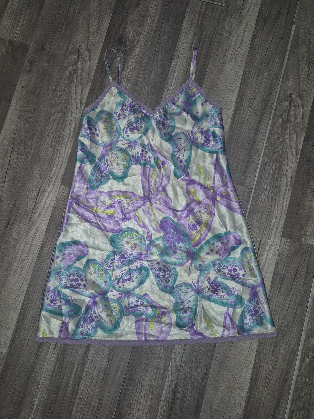 Valerie Stevens Lavender & Teal Butterfly Vintage Satin Chemise